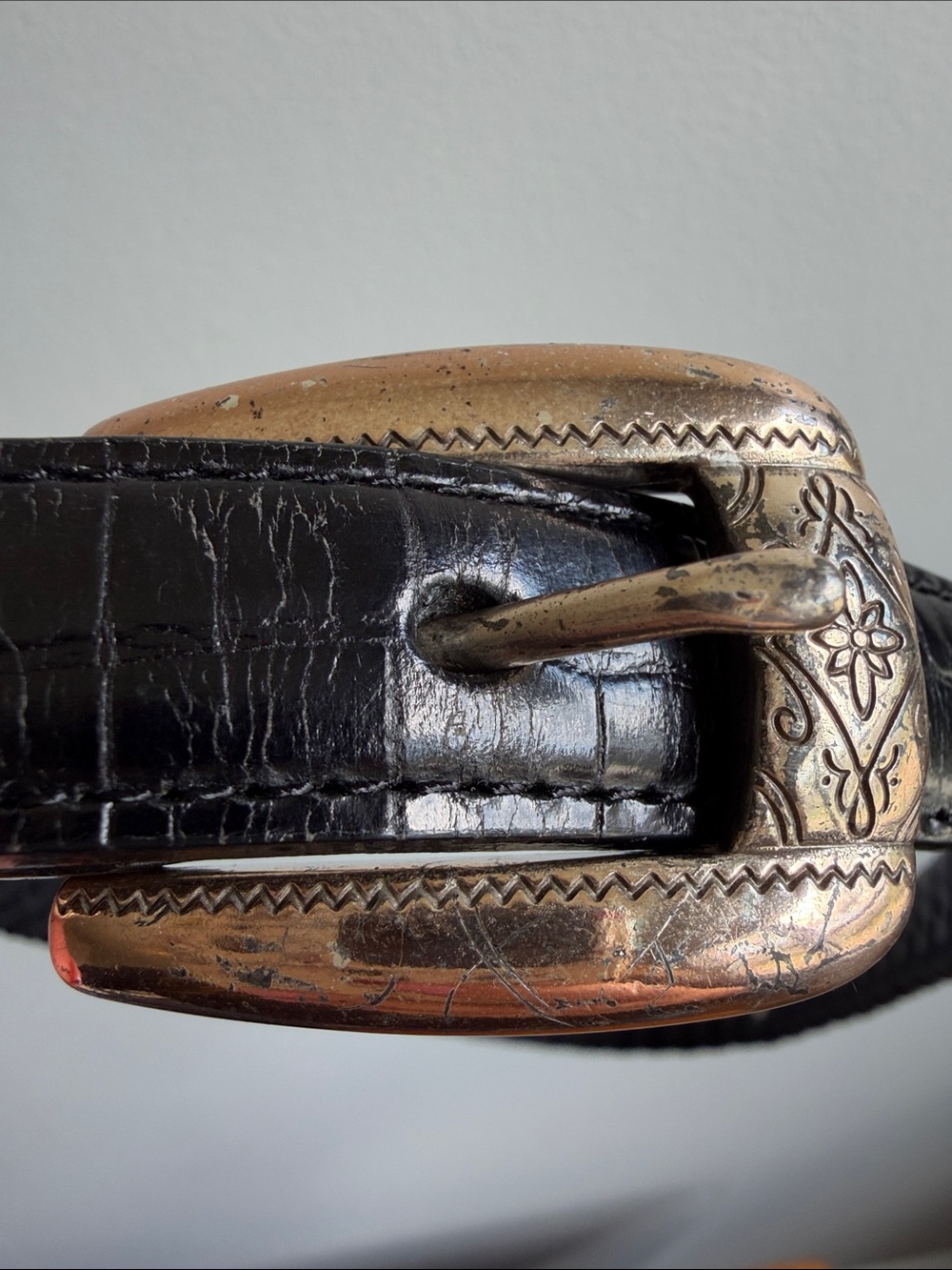 90s Brighton Black Leather Woven and Crocodile Belt - Skinny, Size L - Picture 5 of 16